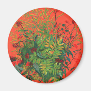 Rowan Blätter & Red Berries über Orange Modern Flo Magnet