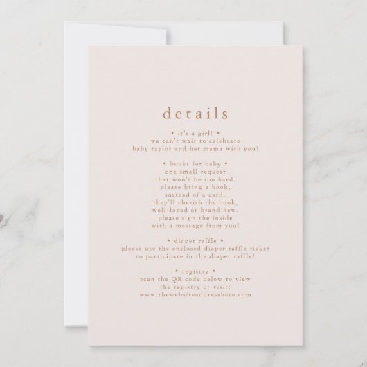 ROWAN Neutral Pink Gold Boho Simple Baby Sprinkle Einladung (Rückseite)