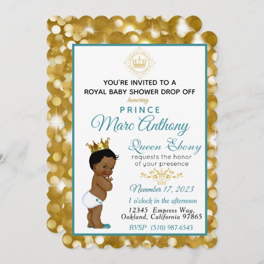 Royal African Prince Aquamarin & Gold Glitzer Extr Einladung (Vorne/Hinten)