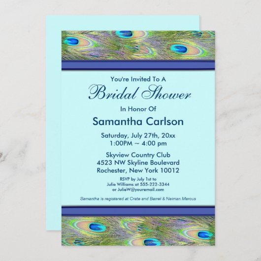 Royal Aquamarin Blue Peacock Brautparty Einladung (Vorne/Hinten)