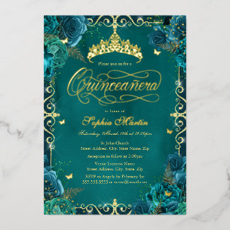 Royal Aquamarin Gold Butterfly Rosen Quinceanera Folieneinladung