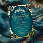 Royal Aquamarin Gold Elegante Script Quinceanera Folieneinladung