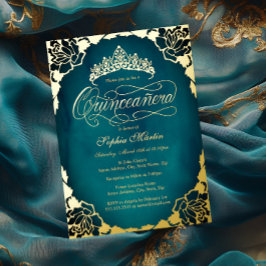 Royal Aquamarin Gold Elegante Script Quinceanera Folieneinladung