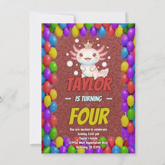 Royal Axolotl 4th Birthday Invite Einladung (Vorderseite)