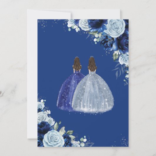 Royal Baby Blue Floral Twins Silver Quinceañera Einladung (Rückseite)