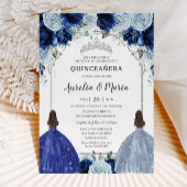 Royal Baby Blue Floral Twins Silver Quinceañera Einladung