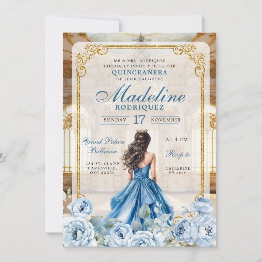 Royal Ballroom Dusty Blue Quinceanera Einladung (Vorderseite)