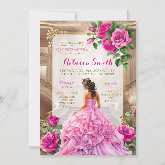 Royal Ballroom Pink Fuschia Floral Quinceañera Einladung (Vorderseite)