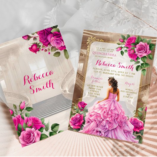Royal Ballroom Pink Fuschia Floral Quinceañera Einladung