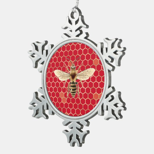 Royal Bee and Honeycomb on Red Schneeflocken Zinn-Ornament (Rechts)