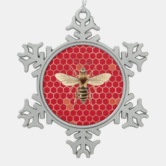 Royal Bee and Honeycomb on Red Schneeflocken Zinn-Ornament (Vorderseite)