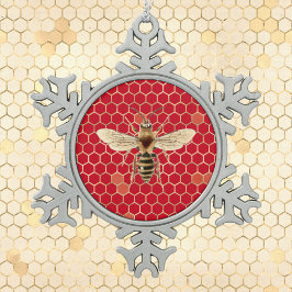 Royal Bee and Honeycomb on Red Schneeflocken Zinn-Ornament