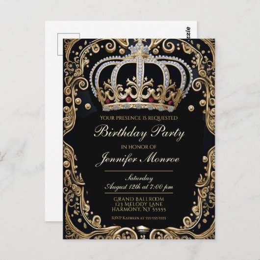 Royal Birthday Party Crown Verzierte Einladung Postkarte (Vorne/Hinten)