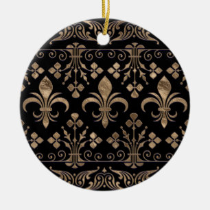 Royal Black and Gold Fleur-de-lis-Ornament Keramik Ornament