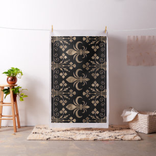 Royal Black and Gold Fleur-de-lis-Ornament Stoff