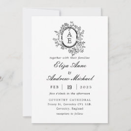 Royal Black and White Monogram Wappen Wedding Einladung