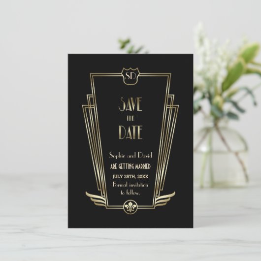 Royal Black Art Deco Monogram Save the Date Einladung (Stehend Vorderseite)