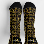 Royal Black & Gold Damask Floral Pattern Monogram Socken (Oben)