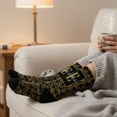 Royal Black & Gold Damask Floral Pattern Monogram Socken