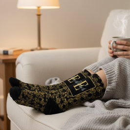 Royal Black & Gold Damask Floral Pattern Monogram Socken