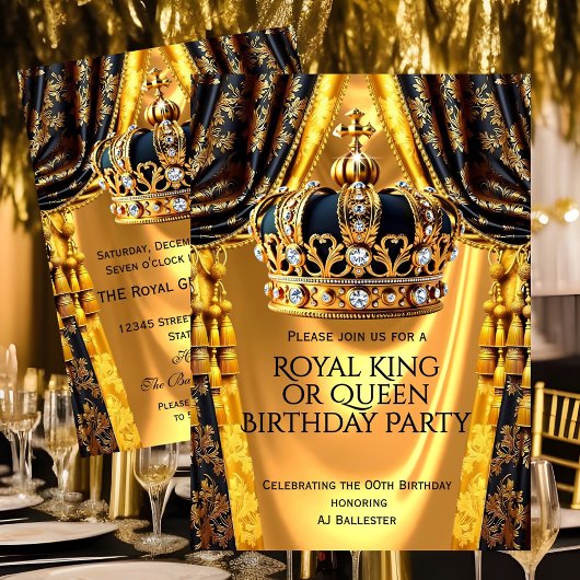 Royal Black Gold King Queen Crown Birthday Party Einladung