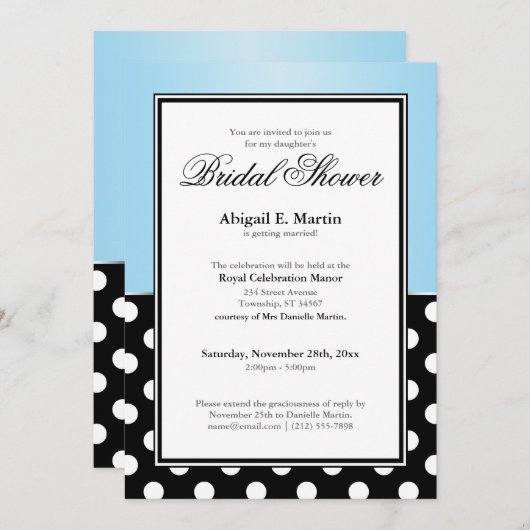 Royal Black Polka Dot Blue Brautparty Einladung (Vorne/Hinten)