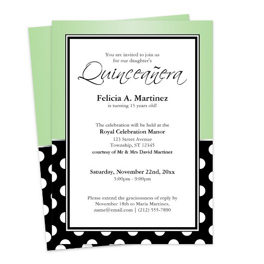 Royal Black Polka Dot Green Quinceañera Einladung