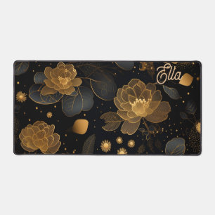 Royal Black und goldfarbene Blumen Schreibtischunterlage