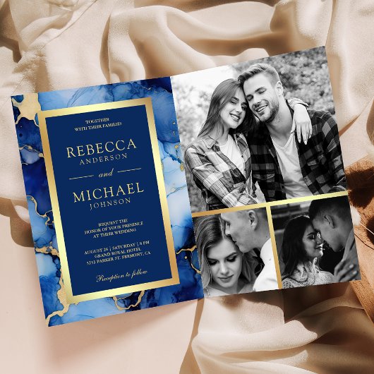 Royal Blau Gold Flüssigtinte QR Code Hochzeit Einladung