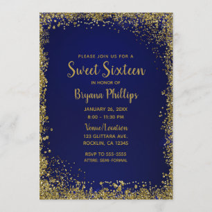Royal Blau & Gold Glitter Glam Sweet 16 Party Einladung