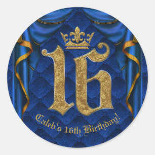 Royal Blau & Goldene Krone 16 16. Geburtstagsfeier Runder Aufkleber