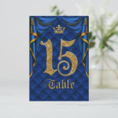 Royal Blau Goldene Krone Hochzeit Tisch Nummer 15 Einladung (Stehend Vorderseite)