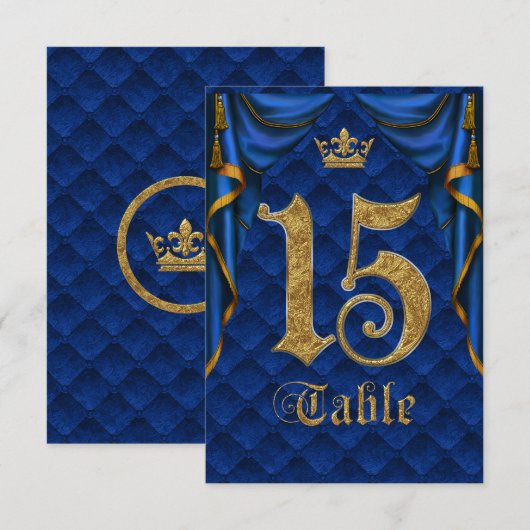 Royal Blau Goldene Krone Hochzeit Tisch Nummer 15 Einladung (Vorne/Hinten)