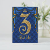 Royal Blau Goldene Krone Hochzeit Tisch Nummer 3 Einladung (Stehend Vorderseite)