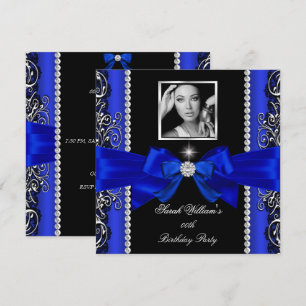 Royal Blau Schleife Geburtstagsfeier Schwarz Silbe Einladung