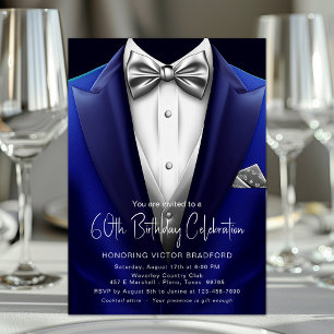 Royal Blau Silber Smoking Herren Geburtstag Belieb Einladung