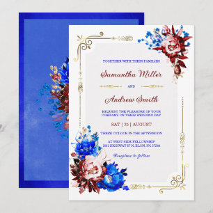Royal Blau und Burgunder Hochzeitsvorlage Einladung
