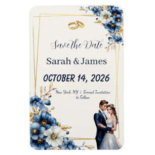 Royal Blau und Gold 3D Floral Save-the-Date-Magnet Magnet