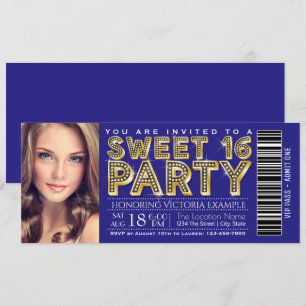 Royal Blau und Gold Sweet 16 Ticket Einladung