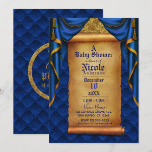 Royal Blau und Gold Vorhänge Scroll Babyparty Einladung
