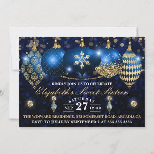Royal Blau und Goldene Weihnachtskugeln Sweet 16 Einladung