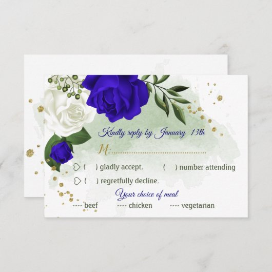 Royal Blau-Weiß-Blume Grüne Speisekarte RSVP Karte (Vorne/Hinten)