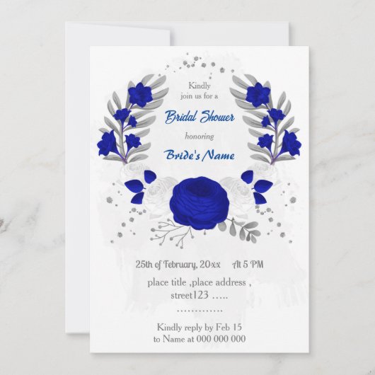 Royal Blau & Weiß Blume Silber Brautparty Einladung (Vorderseite)