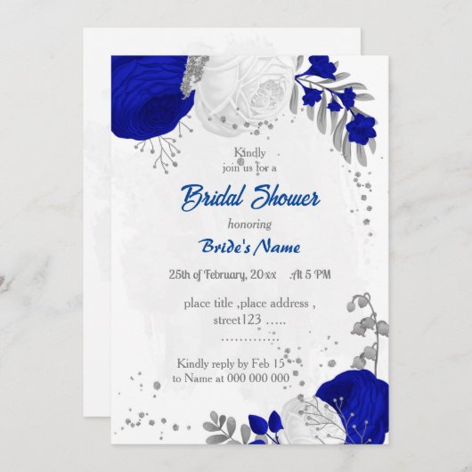 Royal Blau & Weiß Blume Silber Brautparty Einladung (Vorne/Hinten)