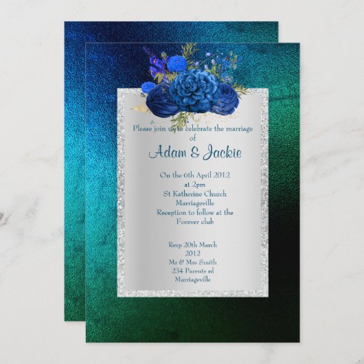 ROYAL BLAUE grüner Blumenstrauß ELEGANT WEDING Einladung (Vorne/Hinten)