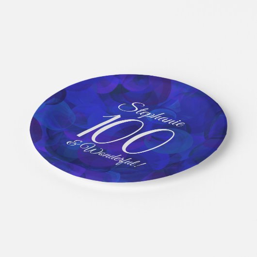 Royal Blue 100 und Wonderful Birthday Party Pappteller (Schrägansicht)
