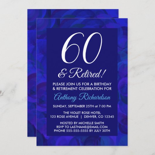 Royal Blue 60 und Party für Rentenersatz Einladung (Vorne/Hinten)