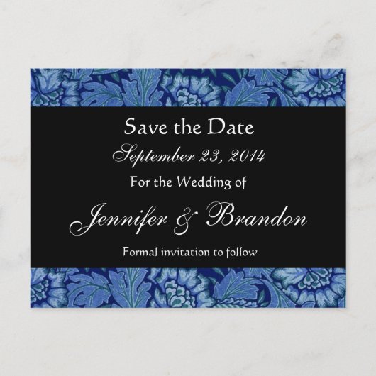 Royal Blue and Black Damask Save the Date Postcard Ankündigungspostkarte (Vorderseite)