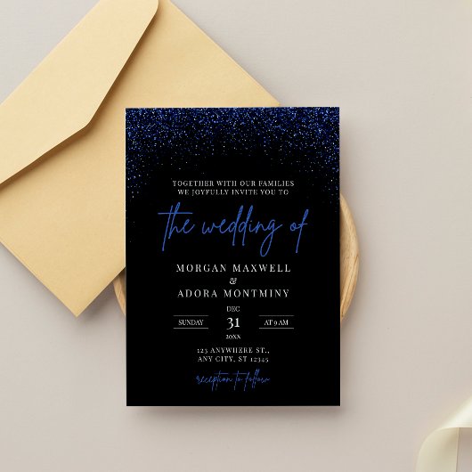 Royal Blue and Black Glitzer Wedding Einladung