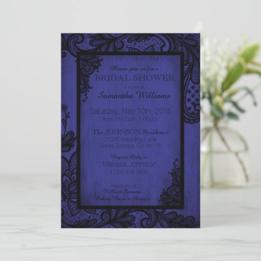 Royal Blue and Black Lace Gothic Brautparty Einladung (Stehend Vorderseite)